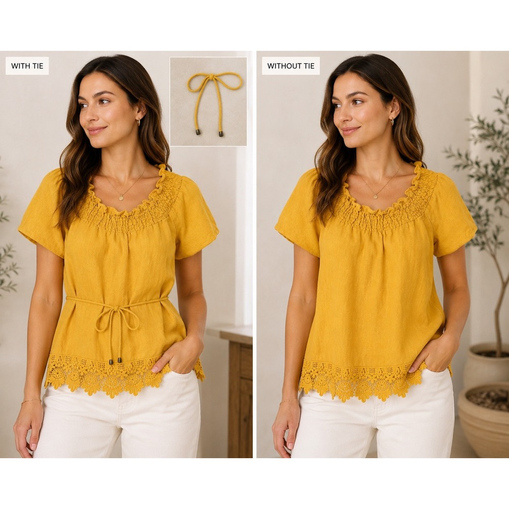 Moon River Mustard Yellow Linen Cotton Smocked Peasant Blouse Lace Hem Boho S